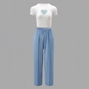 SHEIN Teen Girls Heart Print Tee & Drawstring Waist Pants Blue